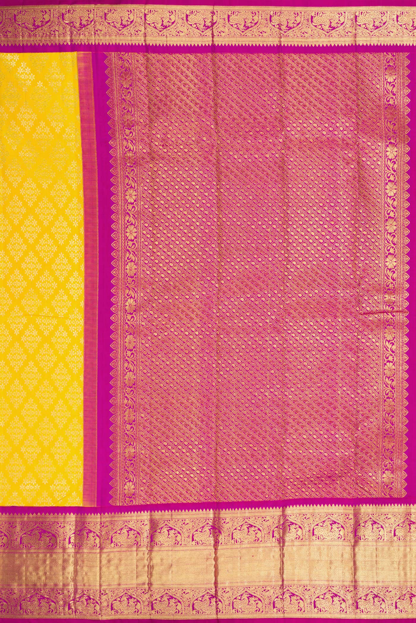 Close up image of the pallu of Yellow Dual Tone Kanjivaram Silk Saree with Zari Brocade on the body and Zari Border. 