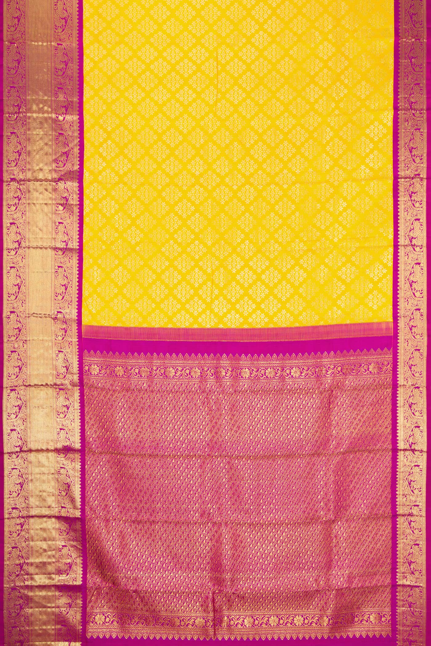 Flat view of Yellow Dual Tone Kanjivaram Silk Saree with Zari Brocade on the body and Zari Border. 