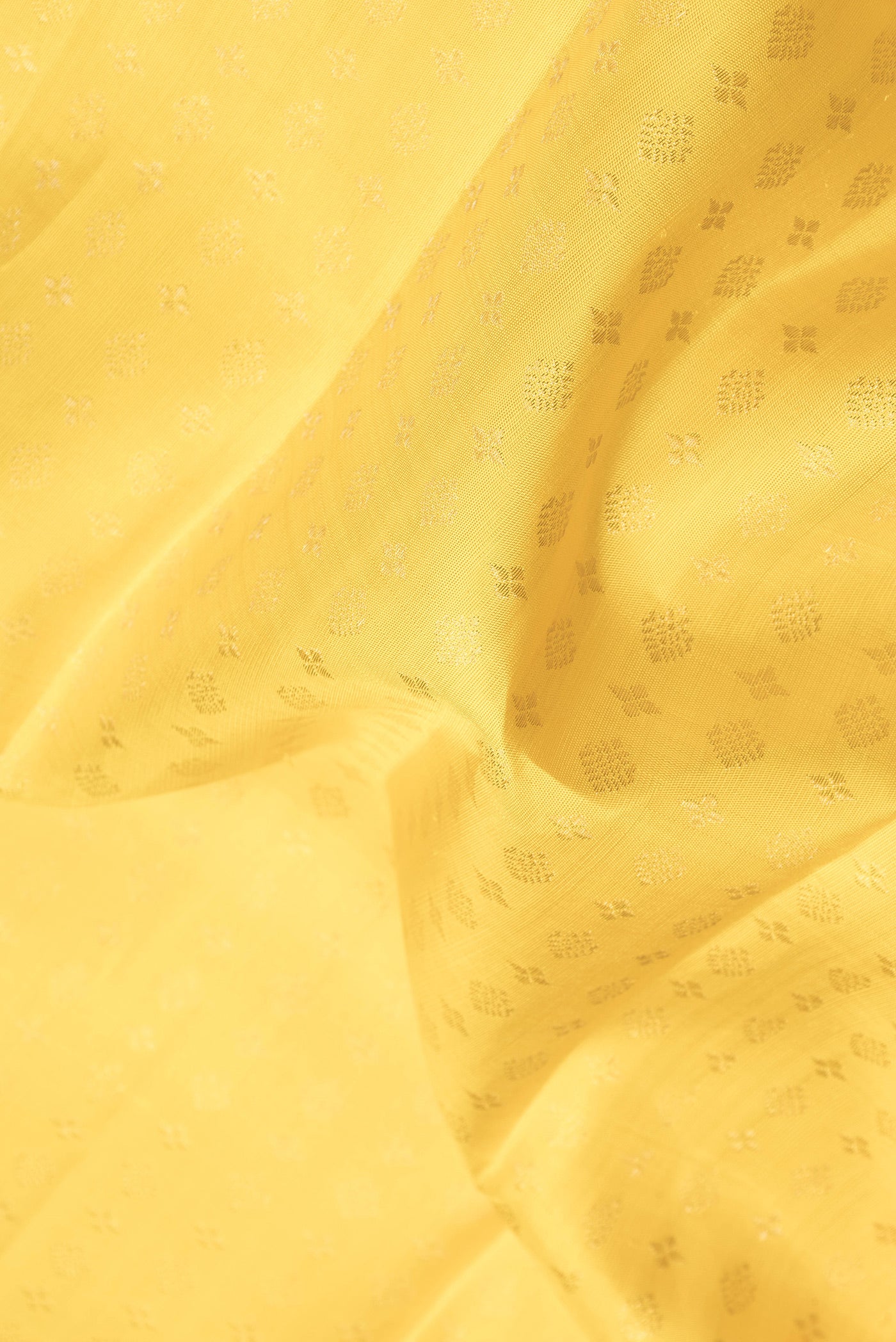 Close up of Yellow Dual Tone Kanjivaram Silk Saree with Zari Brocade on the body and Zari Border.  displaying folds