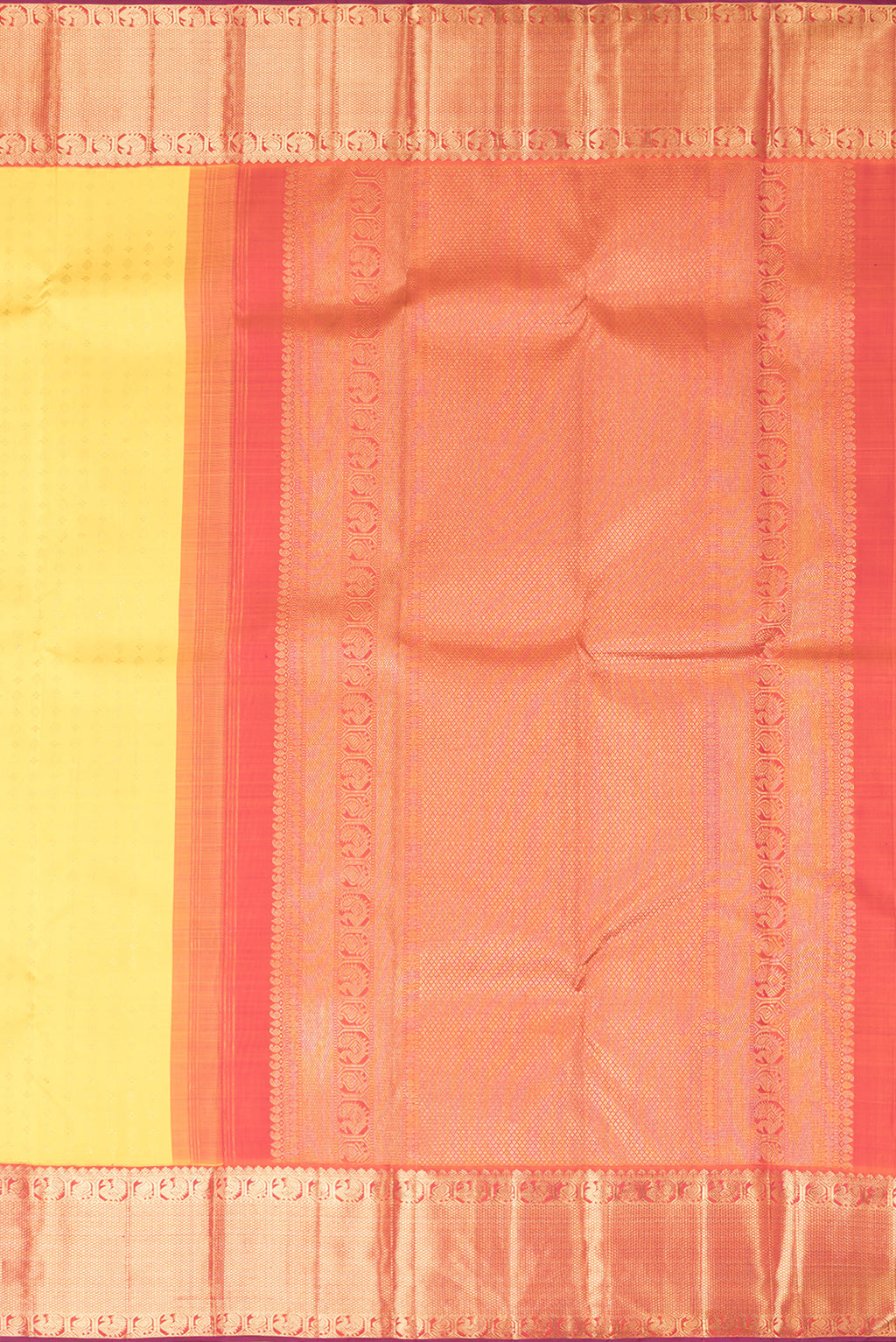 Close up image of the pallu of Yellow Dual Tone Kanjivaram Silk Saree with Zari Brocade on the body and Zari Border. 