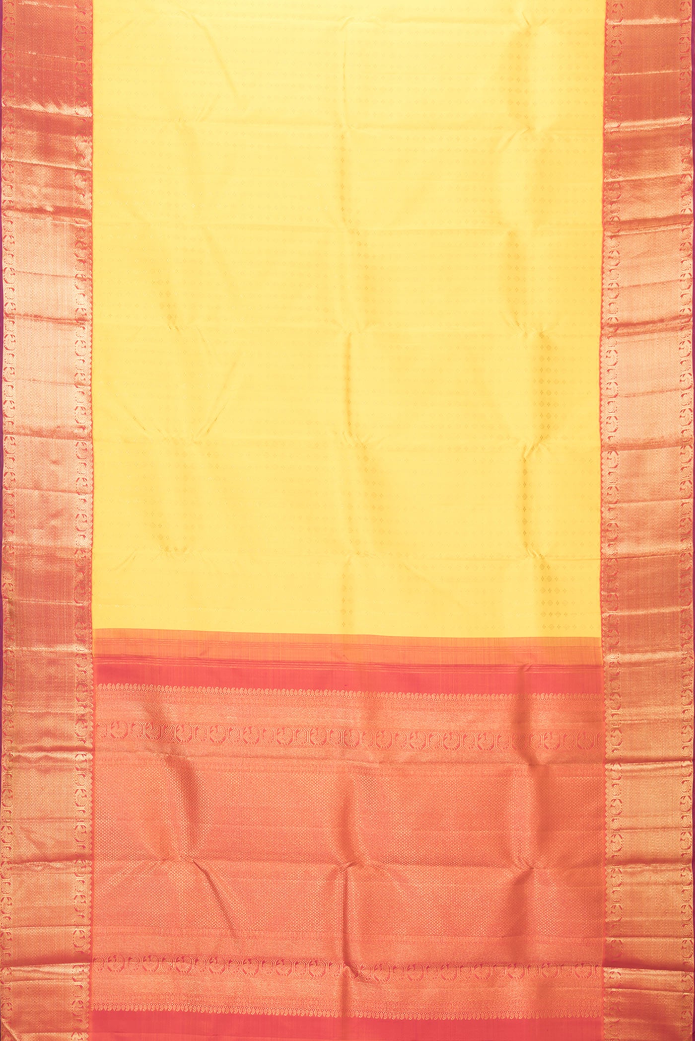 Flat view of Yellow Dual Tone Kanjivaram Silk Saree with Zari Brocade on the body and Zari Border. 