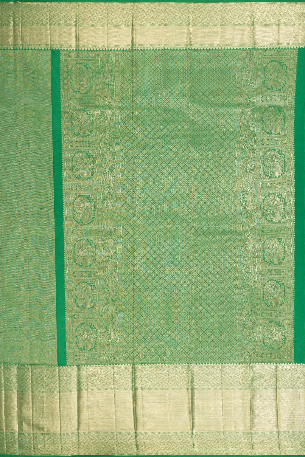 Close up image of the pallu of Pista Green Dual Tone Kanchipuram Silk Saree with Zari Brocade on the body and Zari Border. 