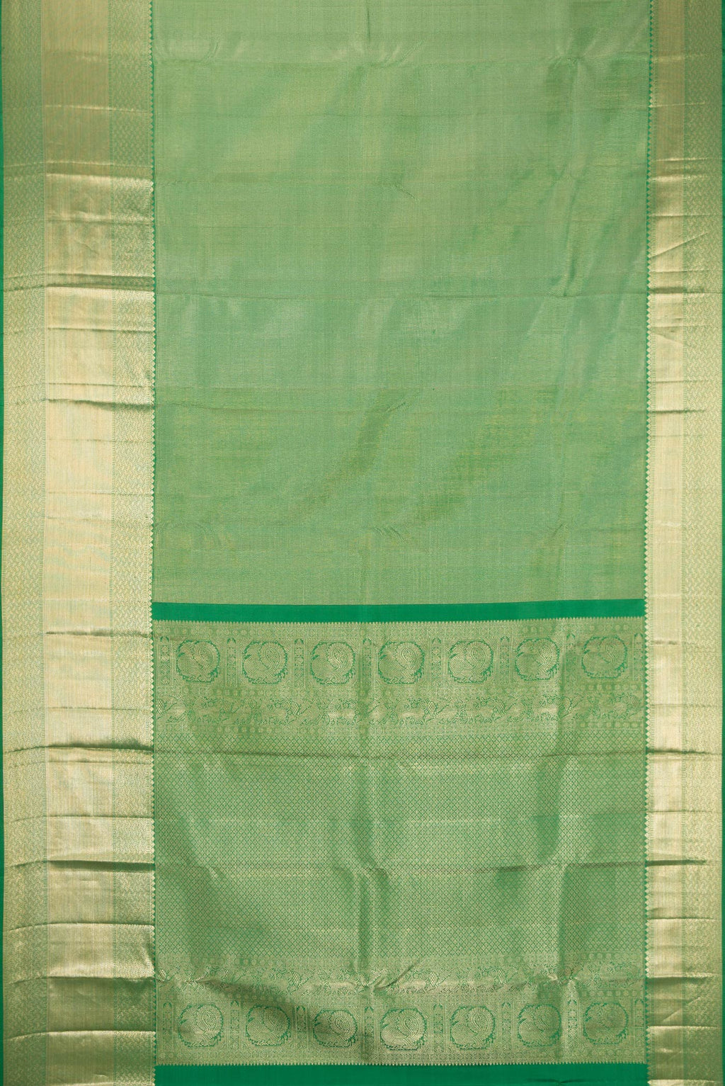 Flat view of Pista Green Dual Tone Kanchipuram Silk Saree with Zari Brocade on the body and Zari Border. 