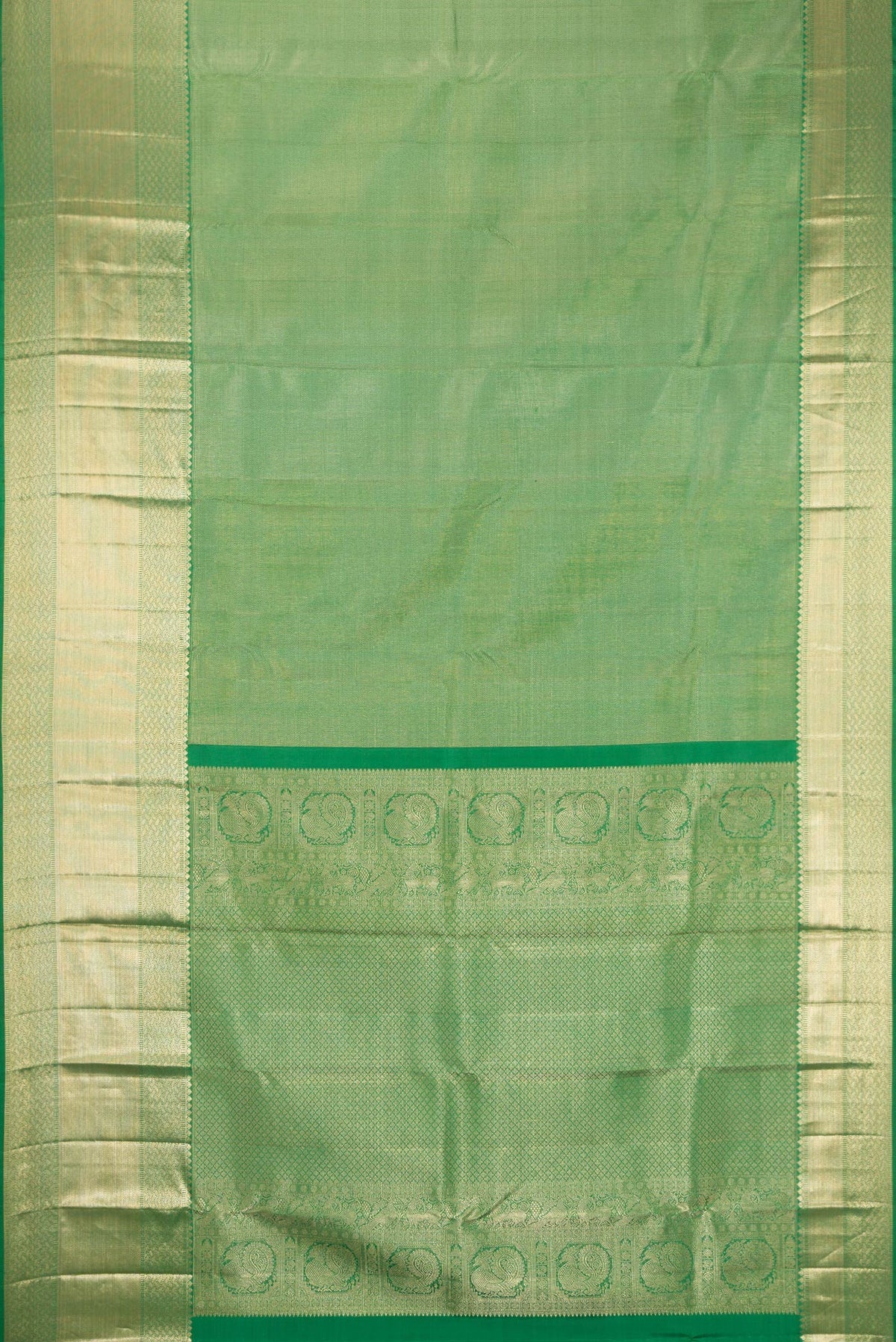 Flat view of Pista Green Dual Tone Kanchipuram Silk Saree with Zari Brocade on the body and Zari Border. 