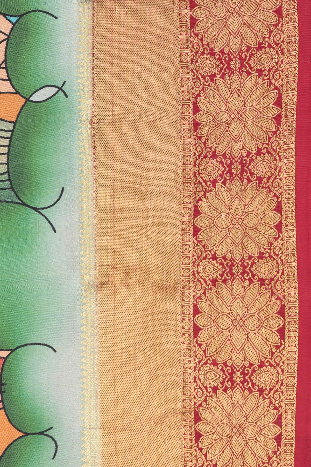 Border image of Golden Peach Dual Tone Kanchipuram Silk Saree with Printed design on the body and Zari Border. 