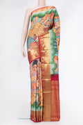 Golden Peach Dual Tone Kanchipuram Silk Saree with Printed design on the body and Zari Border.  displayed on a mannequin