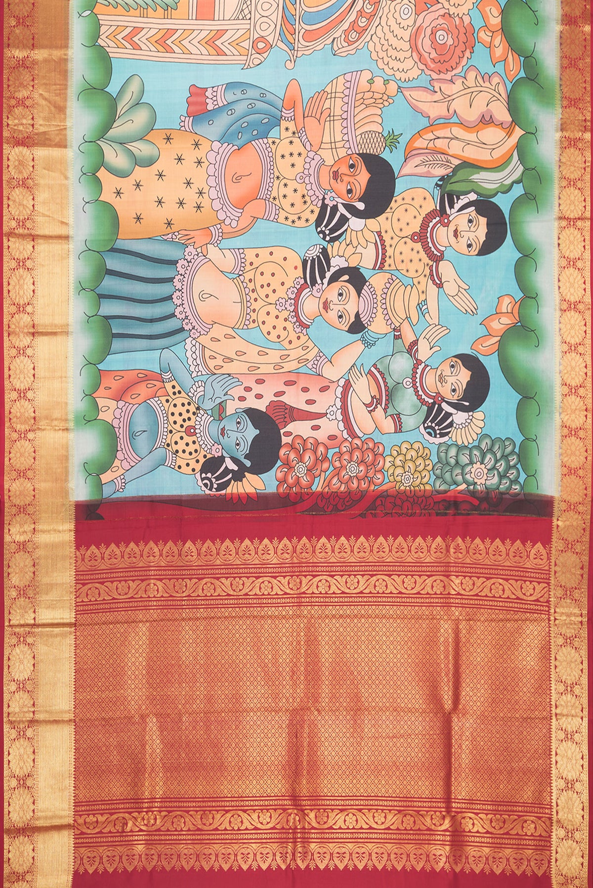 Flat view of Golden Peach Dual Tone Kanchipuram Silk Saree with Printed design on the body and Zari Border. 