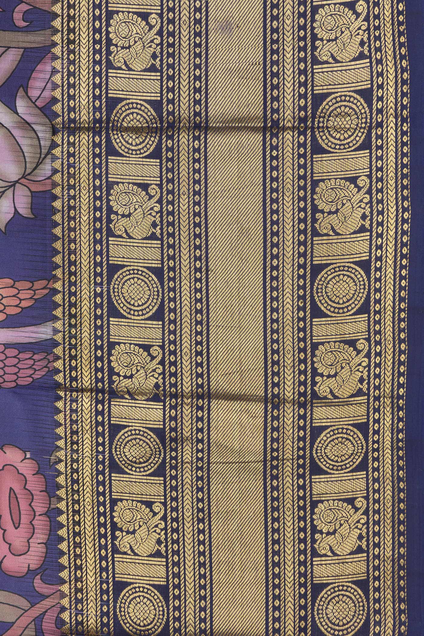 Border image of Navy Blue Dual Tone Kanjivaram Silk Saree with Printed design on the body and Zari Border. 