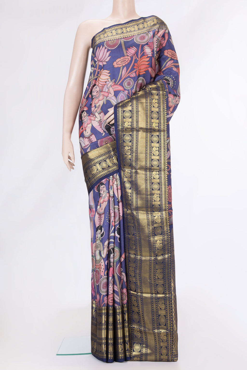 Navy Blue Dual Tone Kanjivaram Silk Saree with Printed design on the body and Zari Border.  displayed on a mannequin