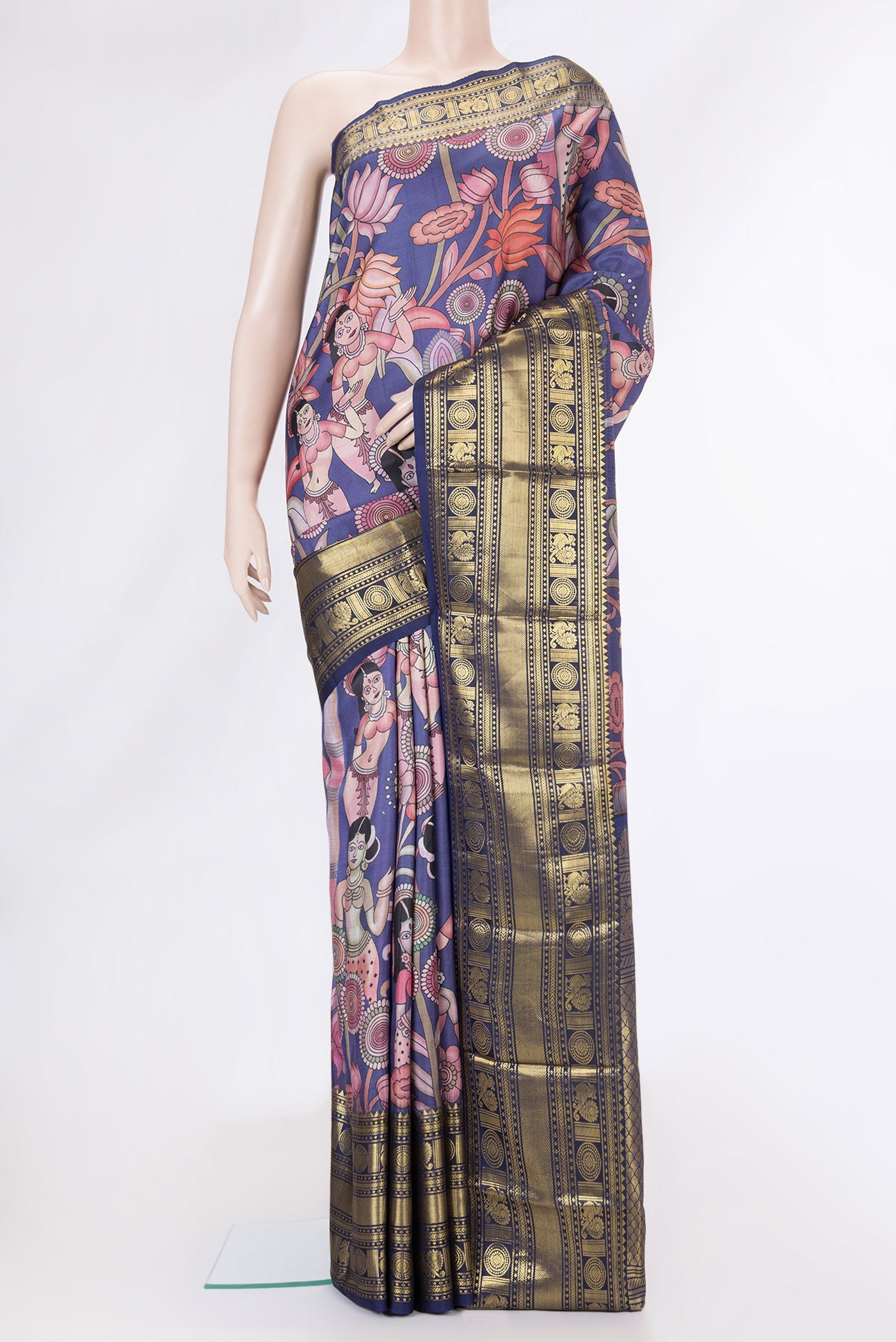 Navy Blue Dual Tone Kanjivaram Silk Saree with Printed design on the body and Zari Border.  displayed on a mannequin