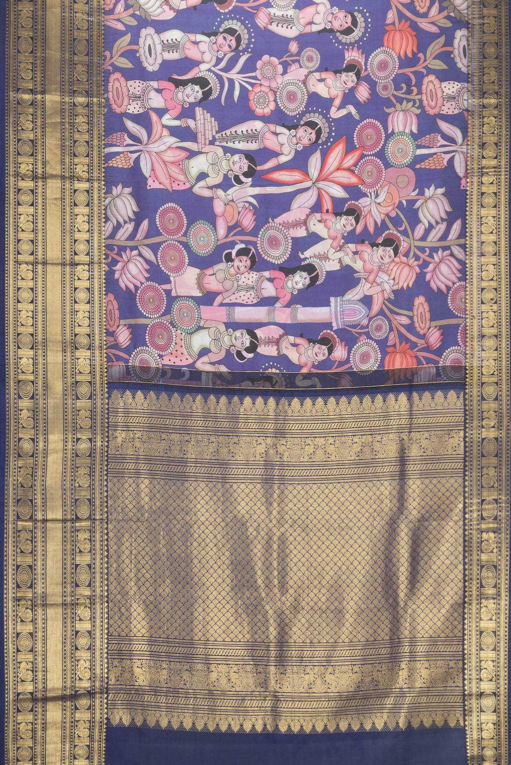 Flat view of Navy Blue Dual Tone Kanjivaram Silk Saree with Printed design on the body and Zari Border. 