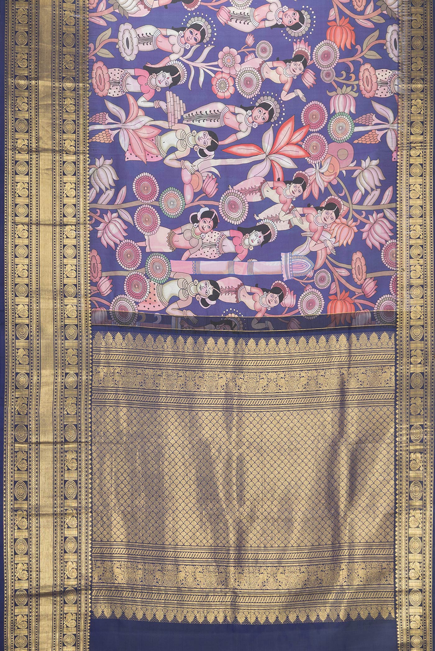 Flat view of Navy Blue Dual Tone Kanjivaram Silk Saree with Printed design on the body and Zari Border. 