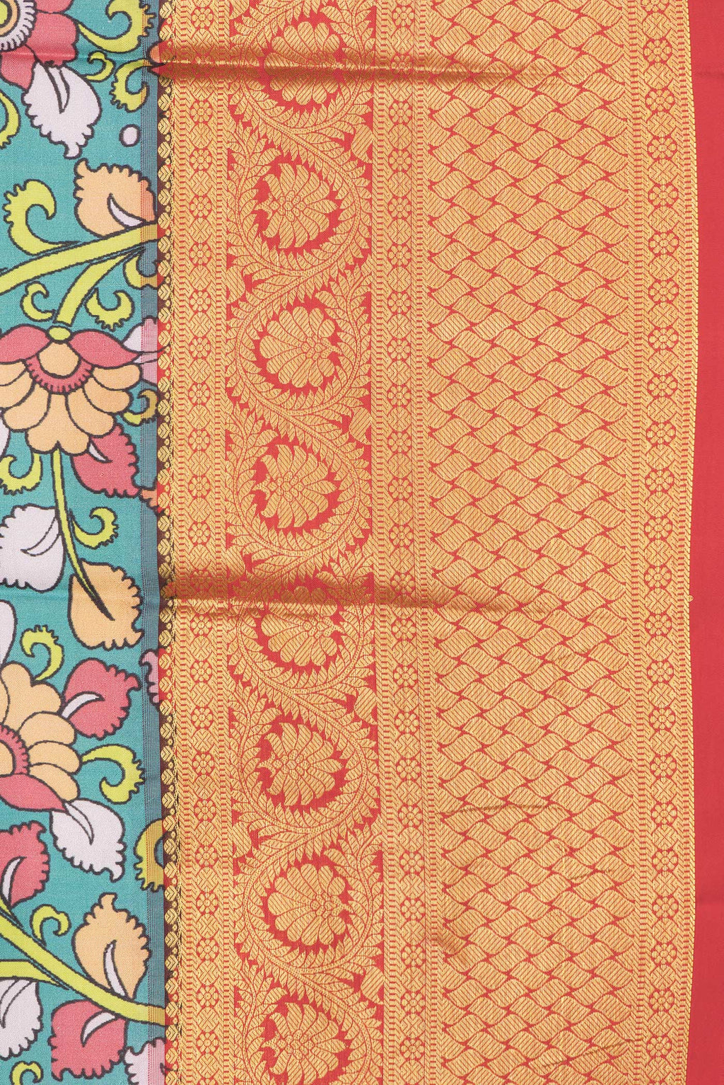 Border image of Sea Green Dual Tone Kanjivaram Silk Saree with kalamkari Print on the body and Zari Border. 