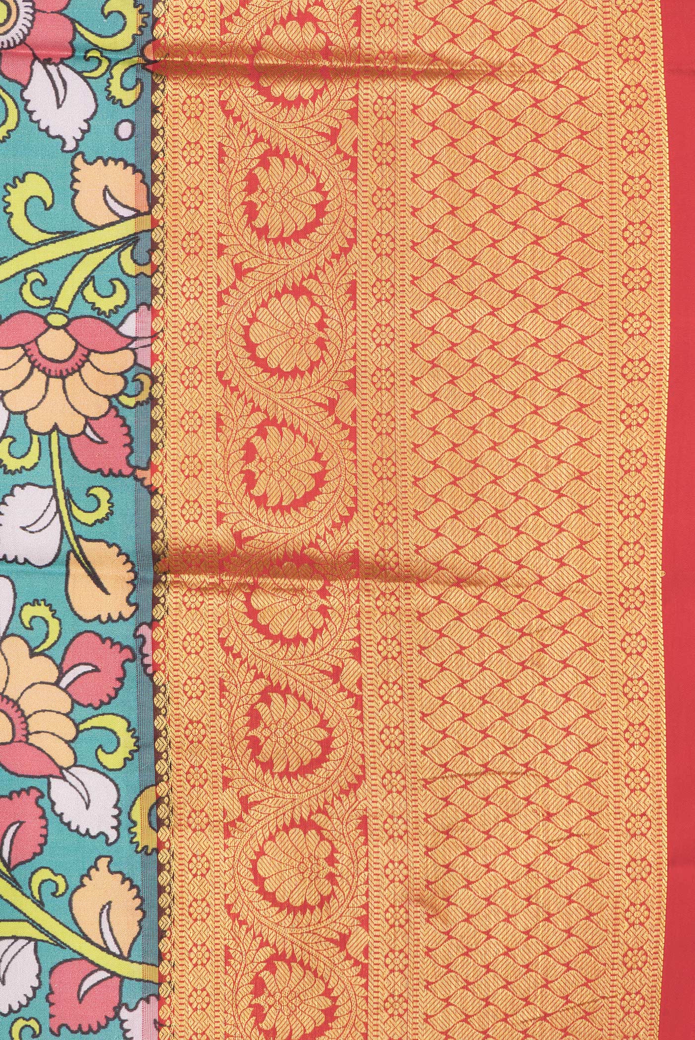 Border image of Sea Green Dual Tone Kanjivaram Silk Saree with kalamkari Print on the body and Zari Border. 