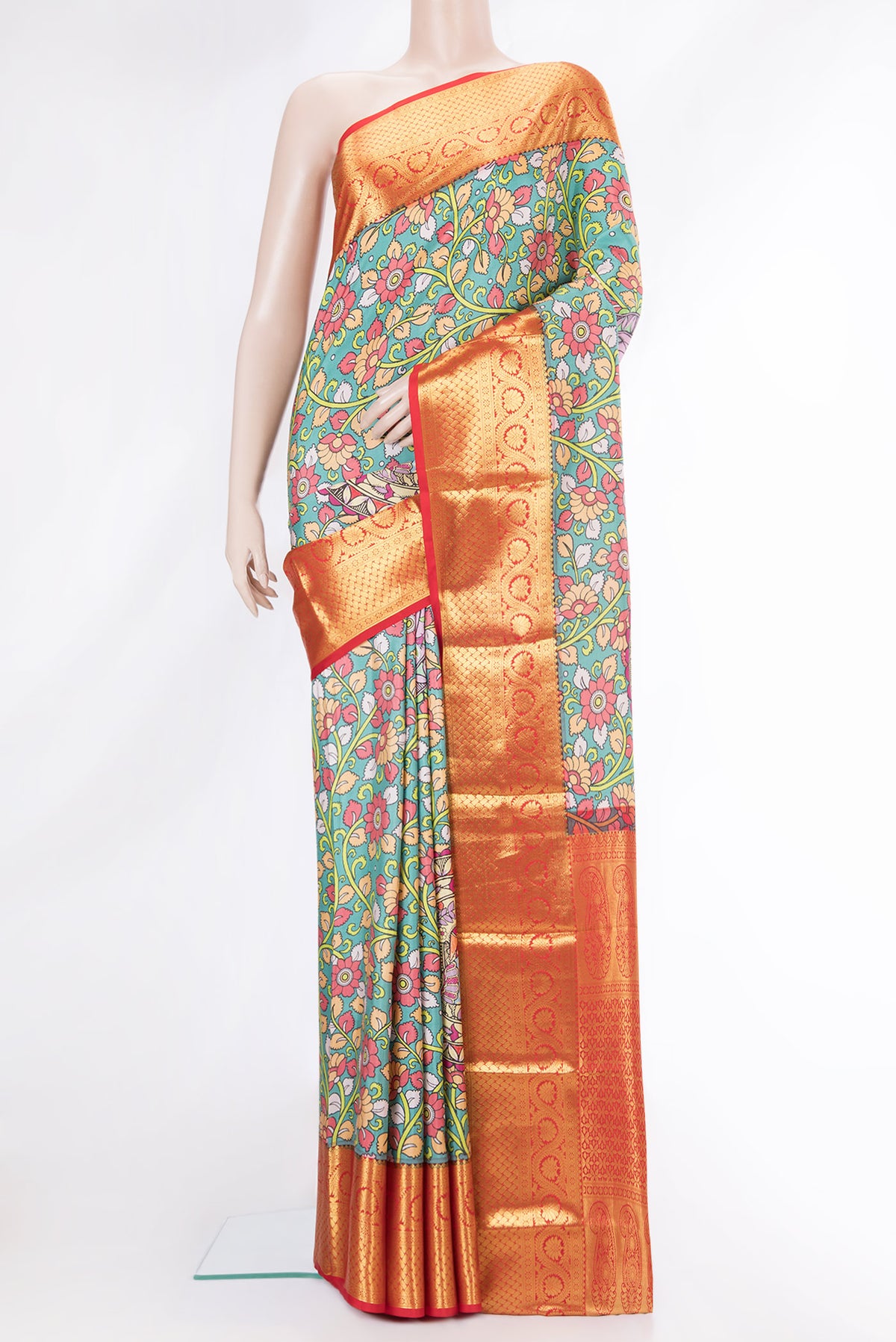 Sea Green Dual Tone Kanjivaram Silk Saree with kalamkari Print on the body and Zari Border.  displayed on a mannequin