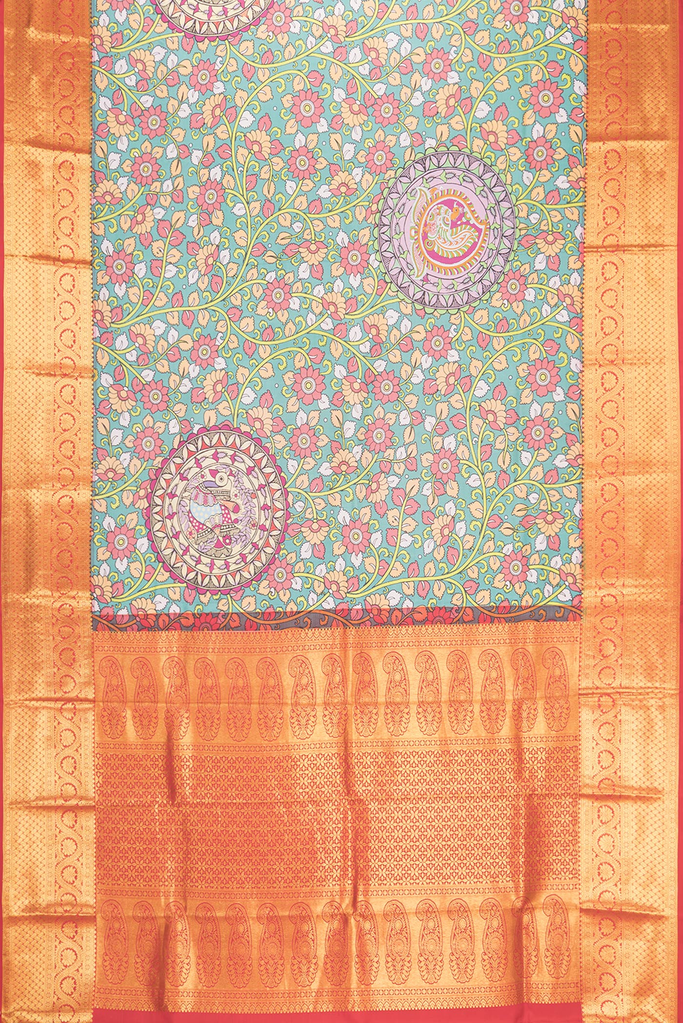 Flat view of Sea Green Dual Tone Kanjivaram Silk Saree with kalamkari Print on the body and Zari Border. 
