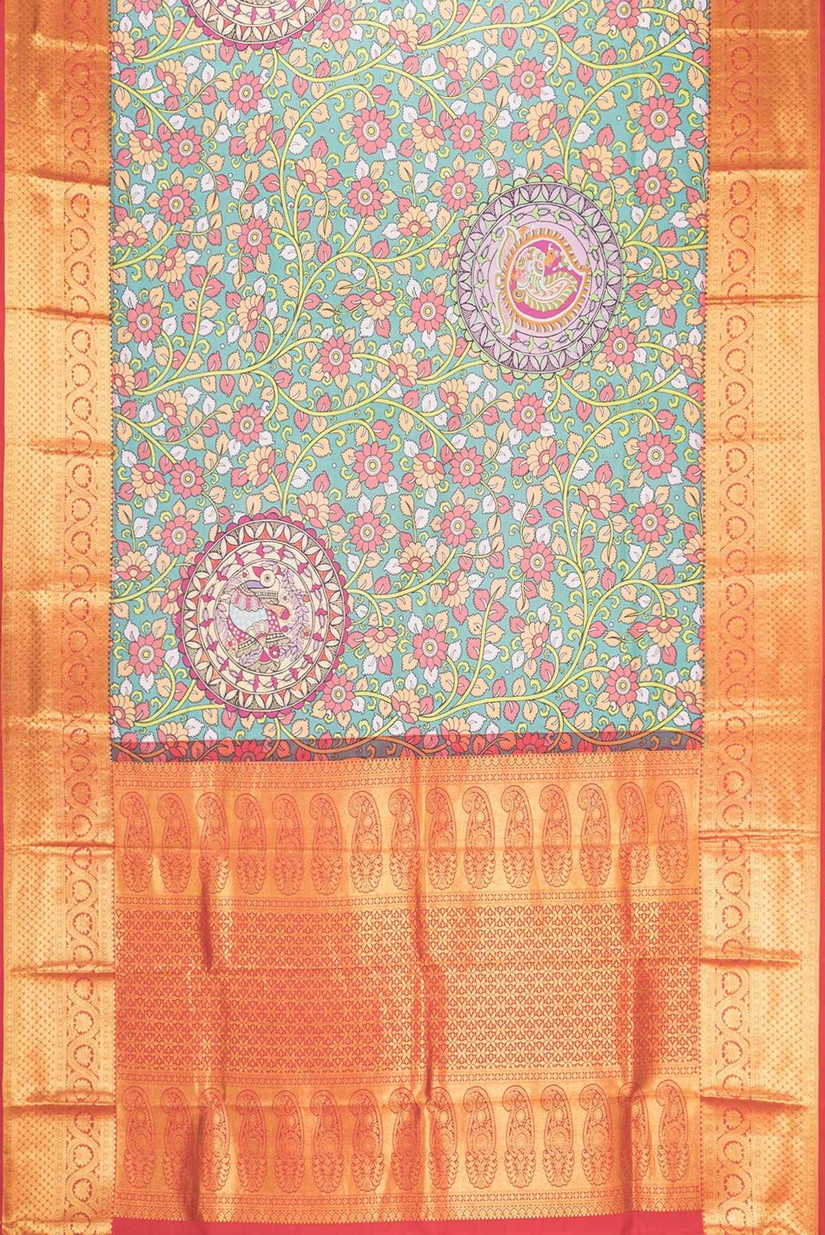 Flat view of Sea Green Dual Tone Kanjivaram Silk Saree with kalamkari Print on the body and Zari Border. 