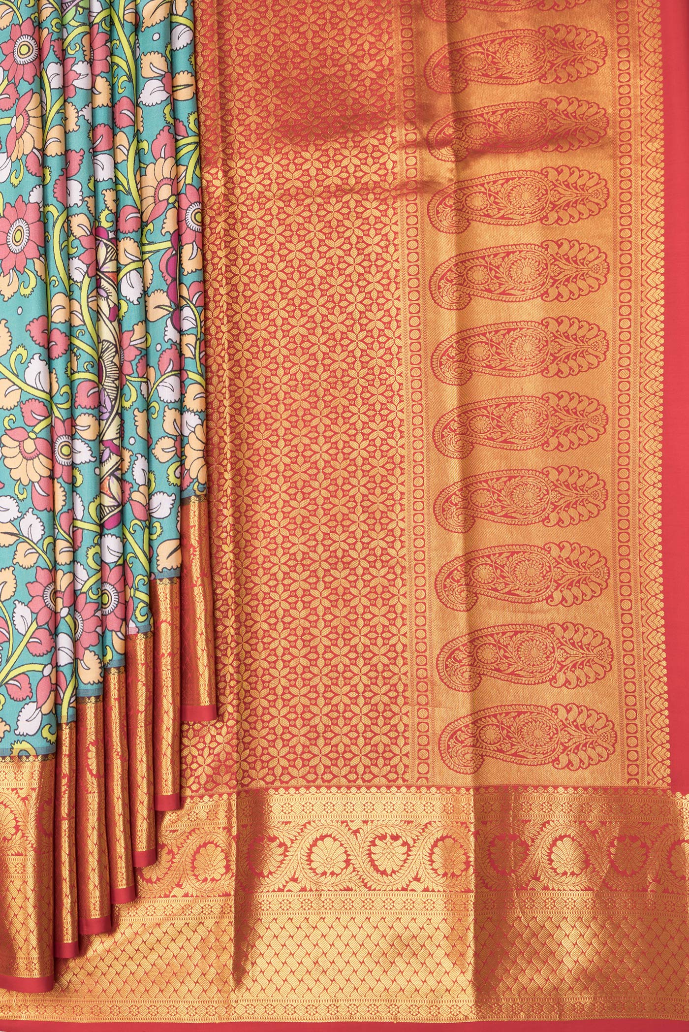 Pleats and pallu of Sea Green Dual Tone Kanjivaram Silk Saree with kalamkari Print on the body and Zari Border. 