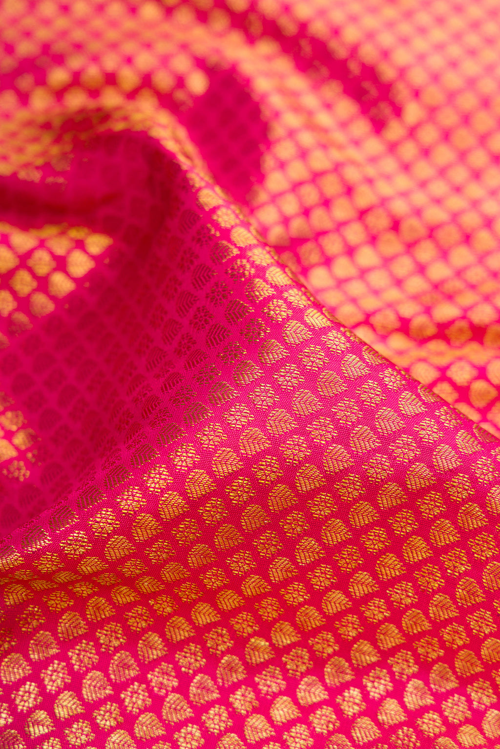 Close up of Pink Dual Tone Kanchipuram Silk Saree with Zari Brocade on the body and Zari Border.  displaying folds