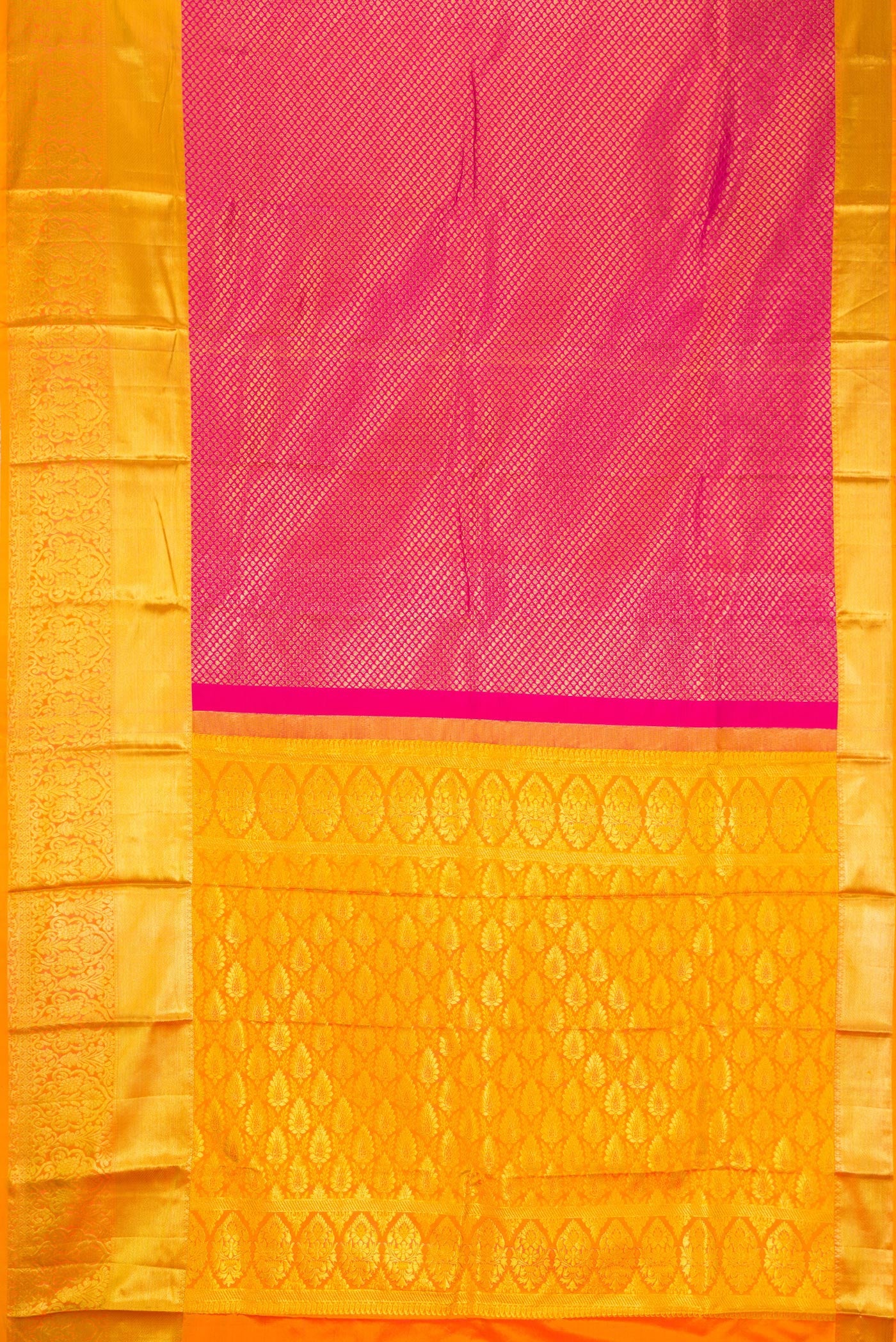 Flat view of Pink Dual Tone Kanchipuram Silk Saree with Zari Brocade on the body and Zari Border. 