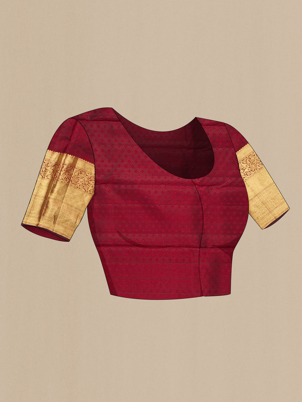 Close up image of the blouse of Maroon Dual Tone Kanjivaram Silk Saree with Zari Brocade on the body and Zari Border. 