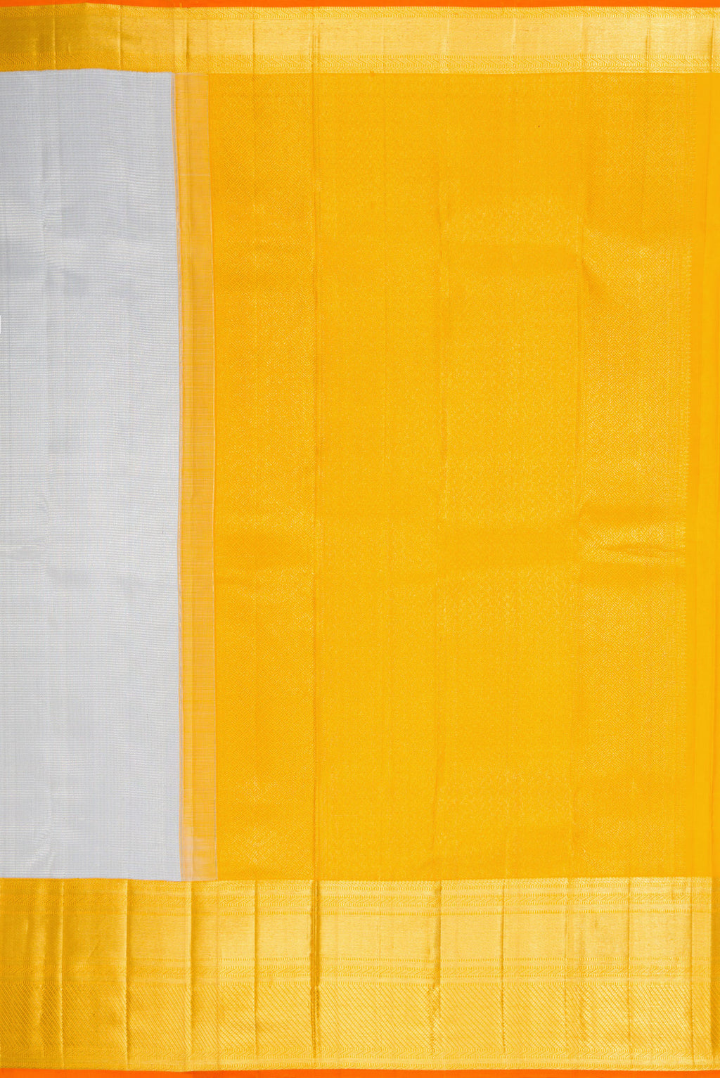 Close up image of the pallu of Grey Dual Tone Kanchipuram Silk Saree with Zari Brocade on the body and Zari Border. 