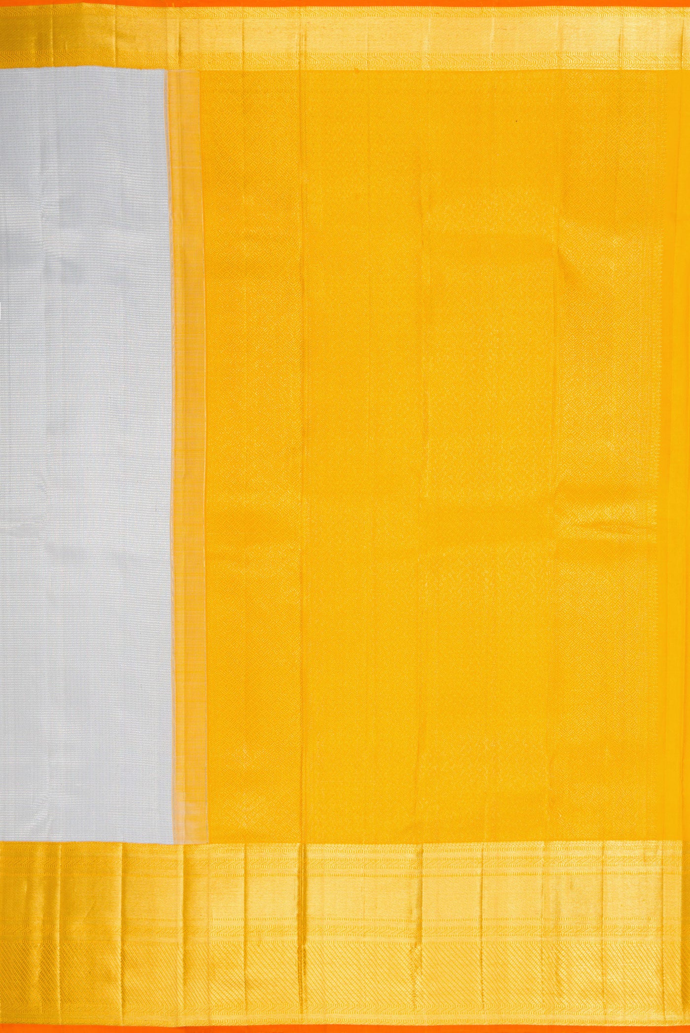 Close up image of the pallu of Grey Dual Tone Kanchipuram Silk Saree with Zari Brocade on the body and Zari Border. 