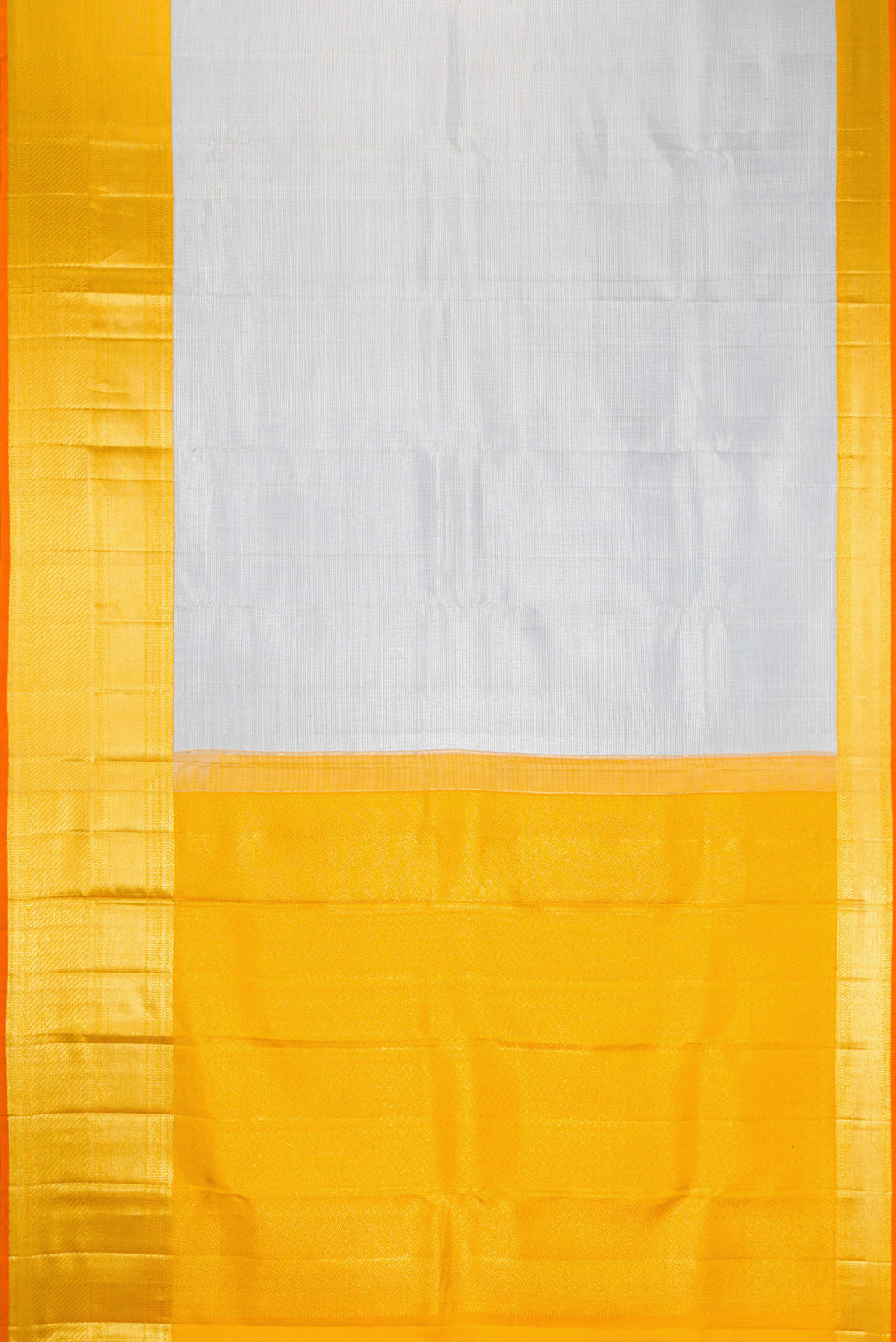 Flat view of Grey Dual Tone Kanchipuram Silk Saree with Zari Brocade on the body and Zari Border. 