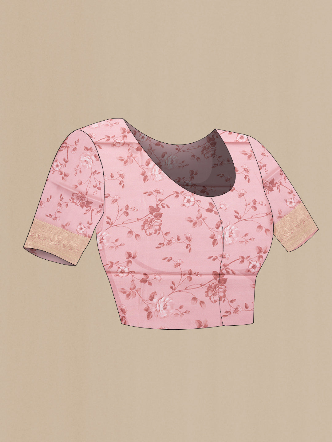 Close up image of the blouse of Pink Dual Tone Tussar Silk Saree with Printed design on the body and Zari Border. 