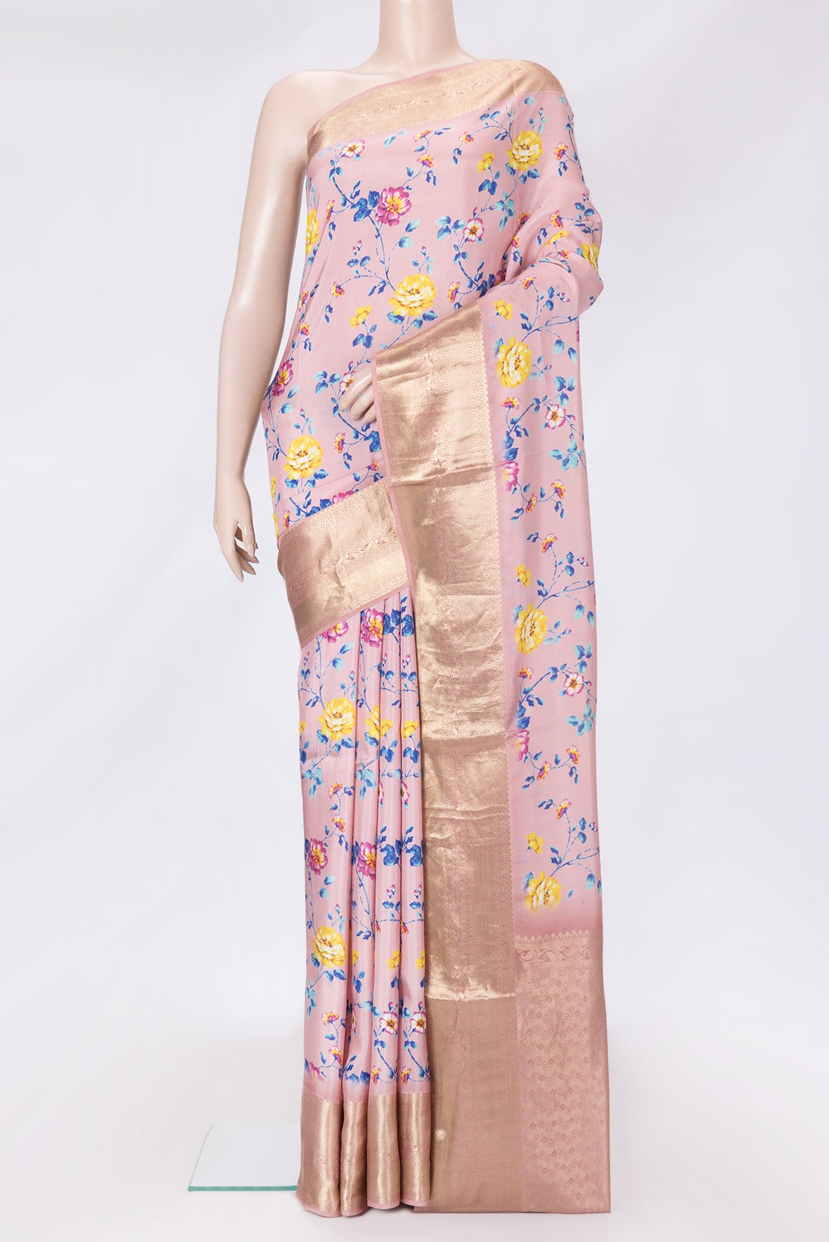 Pink Dual Tone Tussar Silk Saree with Printed design on the body and Zari Border.  displayed on a mannequin