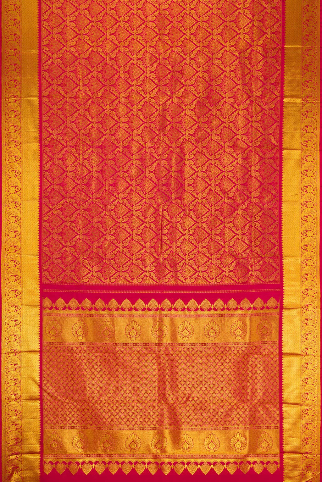 Flat view of Maroon Dual Tone Kanjivaram Silk Saree with Zari Brocade on the body and Zari Border. 