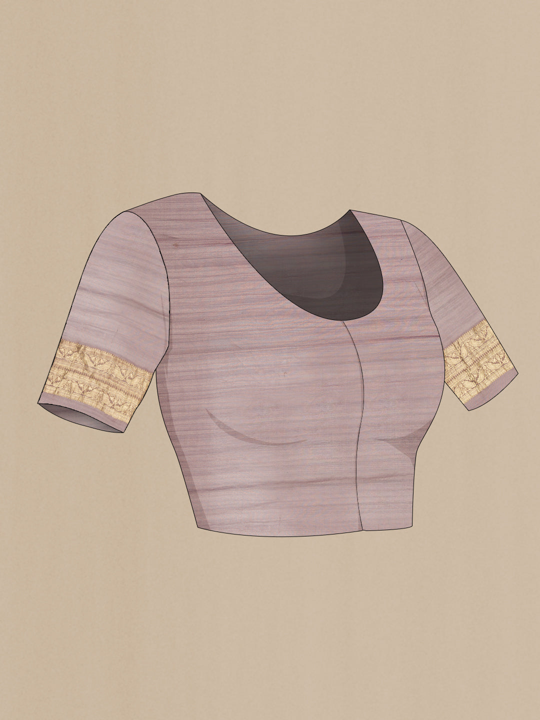 Close up image of the blouse of Brown Dual Tone Tussar Silk Saree with Zari Butta on the body and Zari Border. 