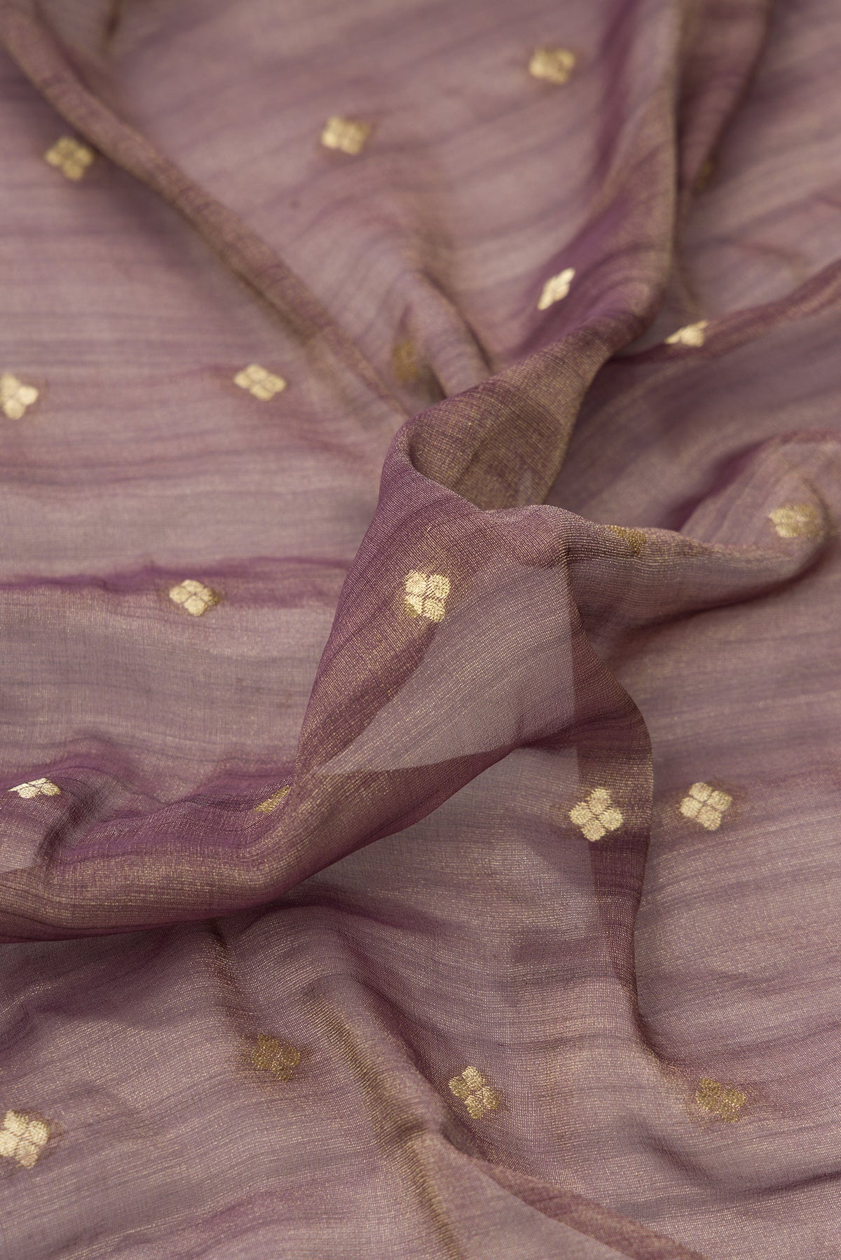 Close up of Brown Dual Tone Tussar Silk Saree with Zari Butta on the body and Zari Border.  displaying folds