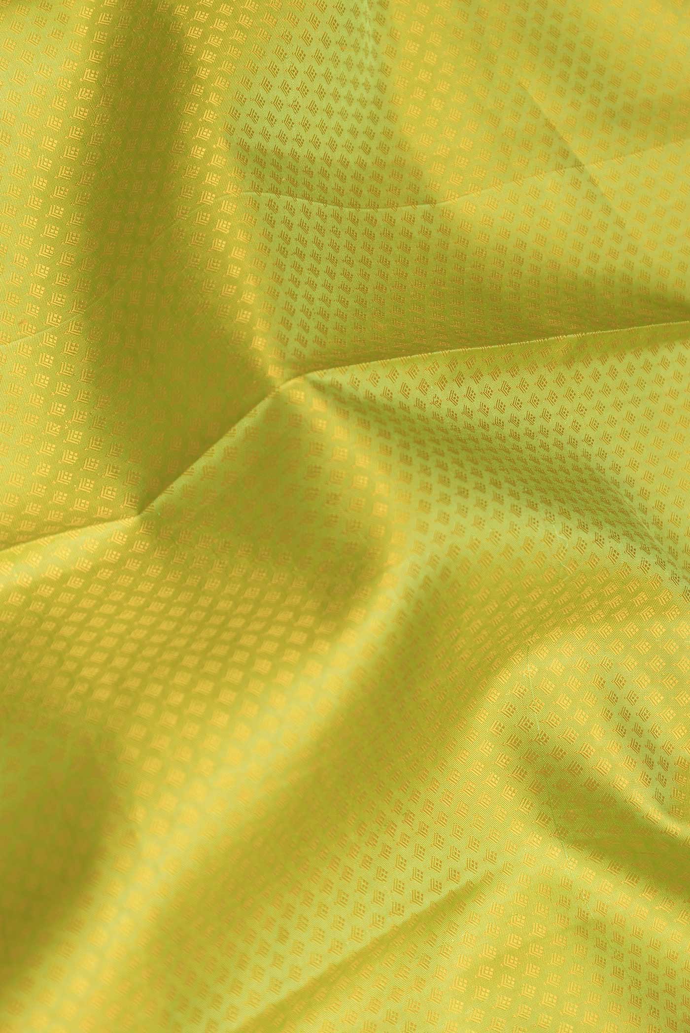 Close up of Parrot Green Dual Tone Kanchipuram Saree with Jacquard design on the body and Zari Border displaying folds