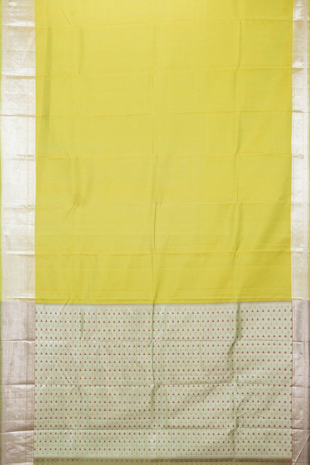 Flat view of Parrot Green Dual Tone Kanchipuram Saree with Jacquard design on the body and Zari Border