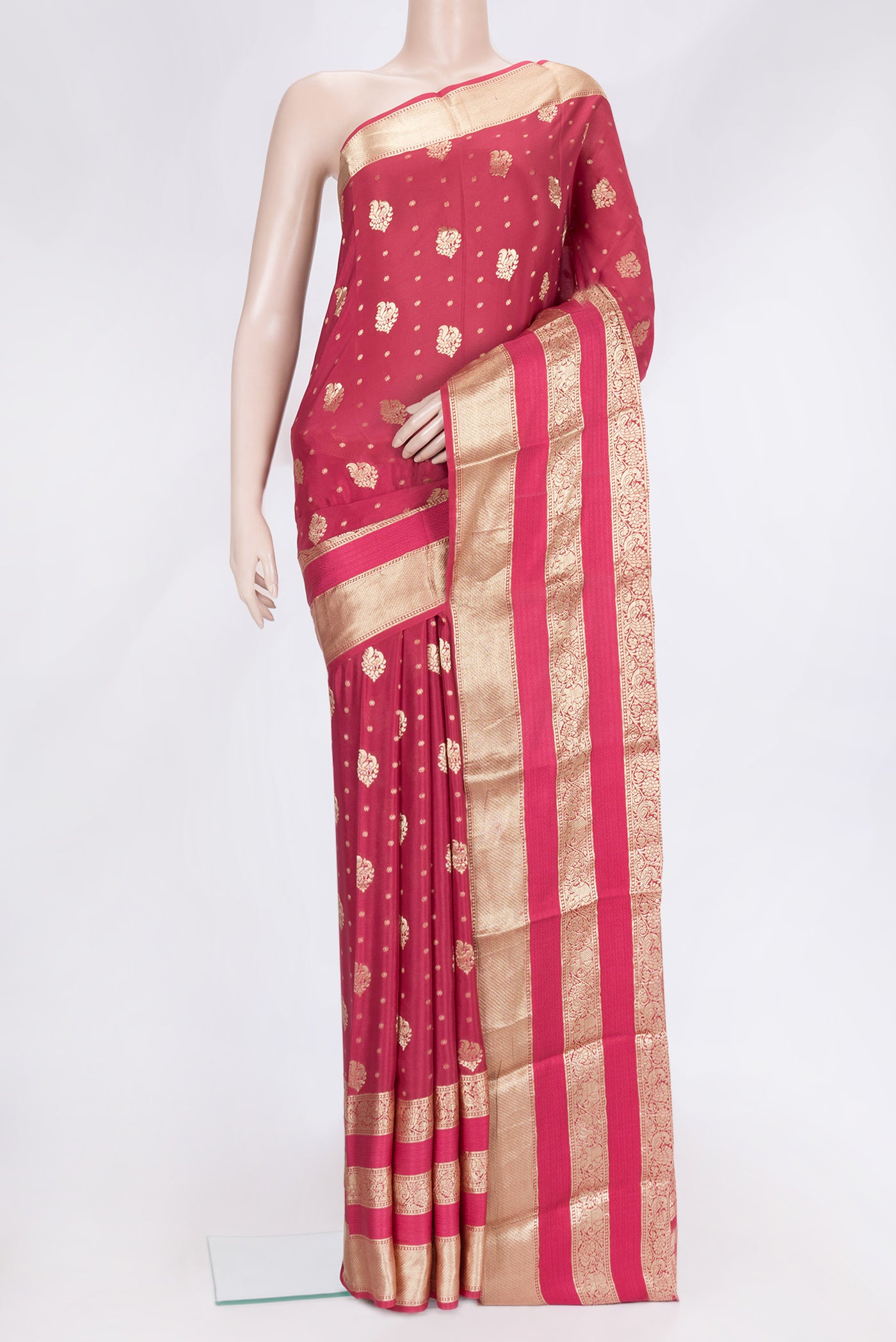 Pink Dual Tone Mysore Georgette Saree with Zari Butta on the body and Zari Border.  displayed on a mannequin