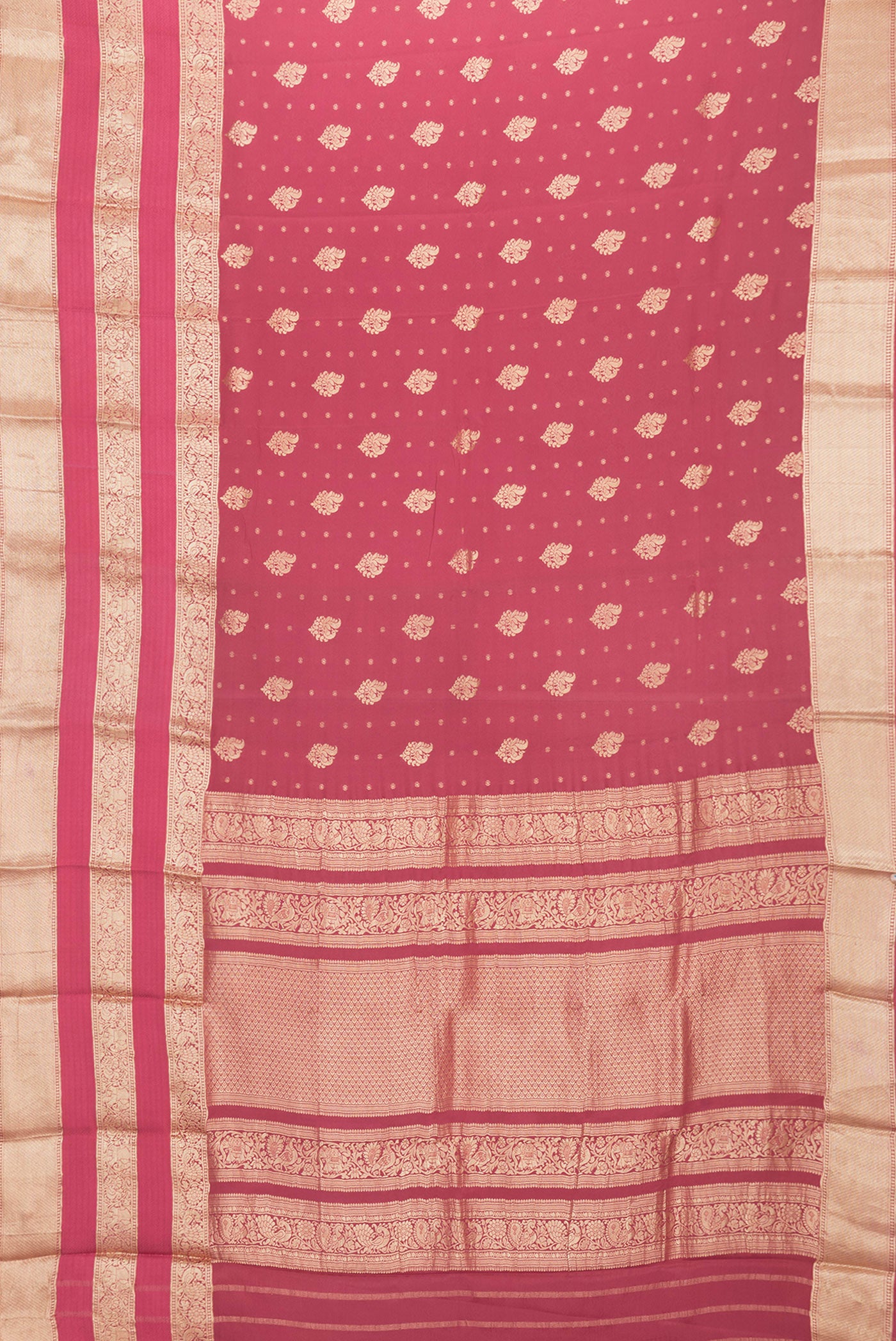 Flat view of Pink Dual Tone Mysore Georgette Saree with Zari Butta on the body and Zari Border. 