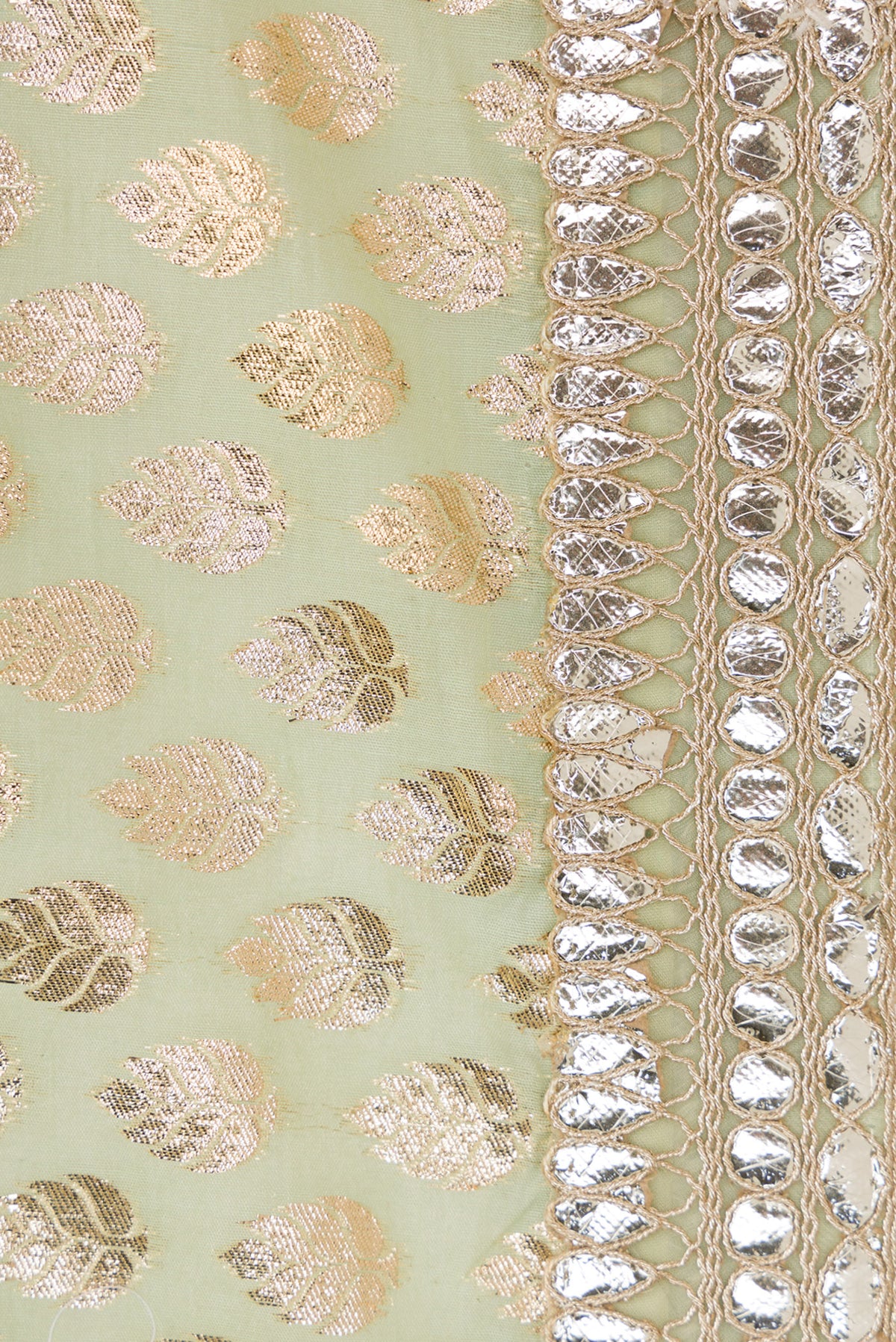Border image of Pista Green Dual Tone Organza Silk Saree with Zari Brocade on the body and Embroidery Border. 
