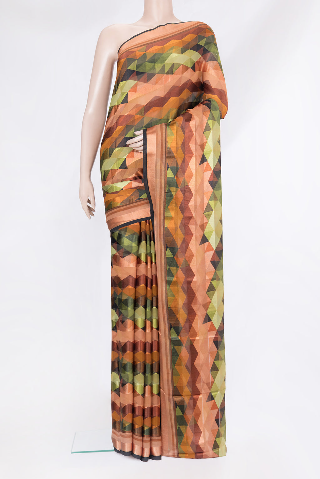 Multi Color Crepe Saree with Geometric Print on the body and Thread Border.  displayed on a mannequin