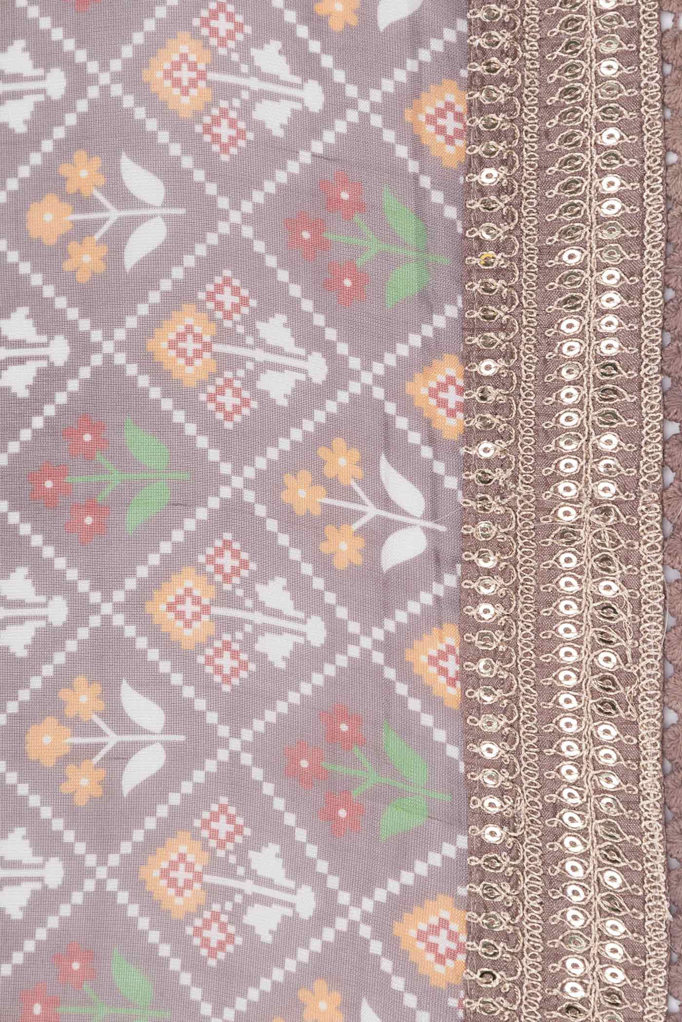 Border image of Brown Dual Tone Organza Silk Saree with Printed design on the body and Embroidery Border
