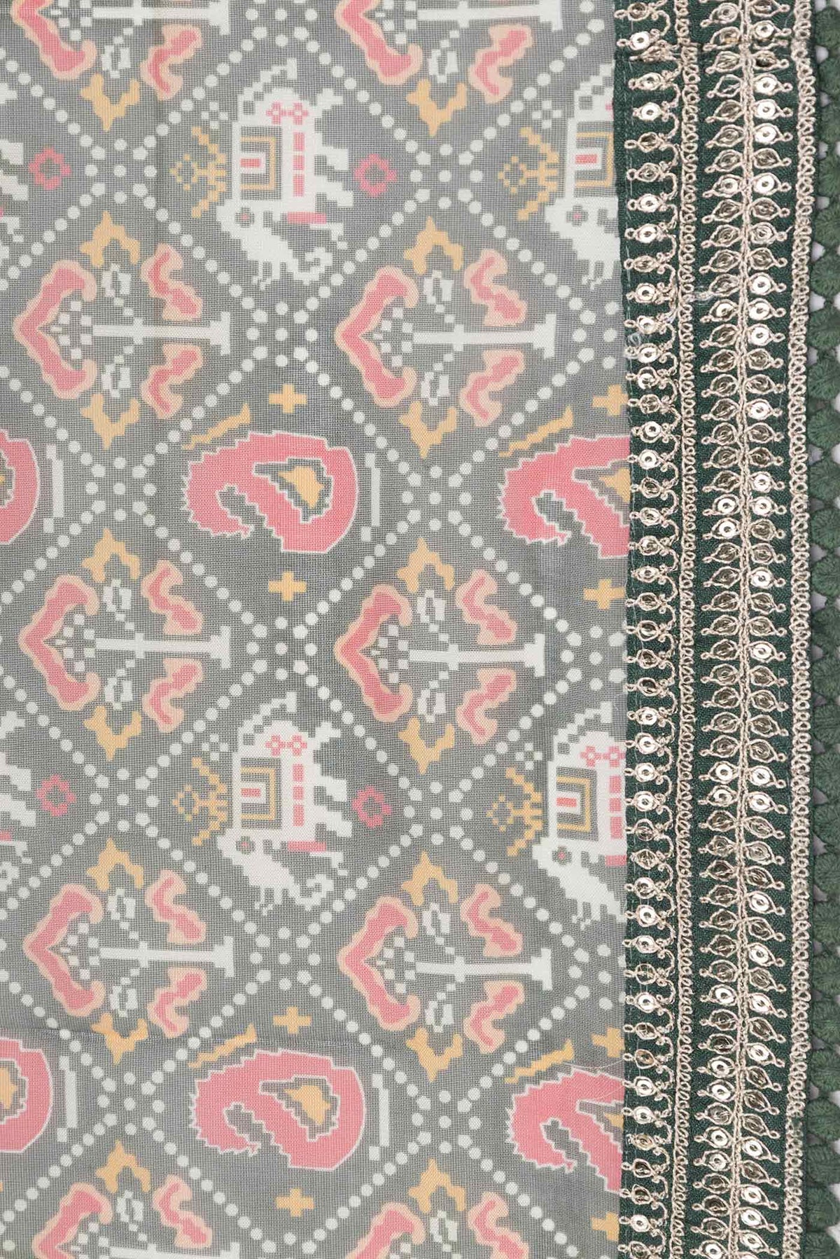 Border image of Green Dual Tone Organza Silk Saree with Printed design on the body and Embroidery Border