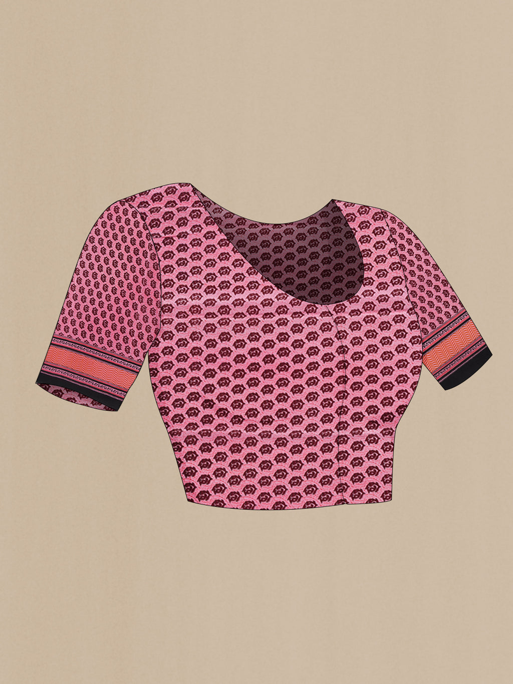 Close up image of the blouse of Pink Crepe Saree with Printed design on the body and Printed Border. 