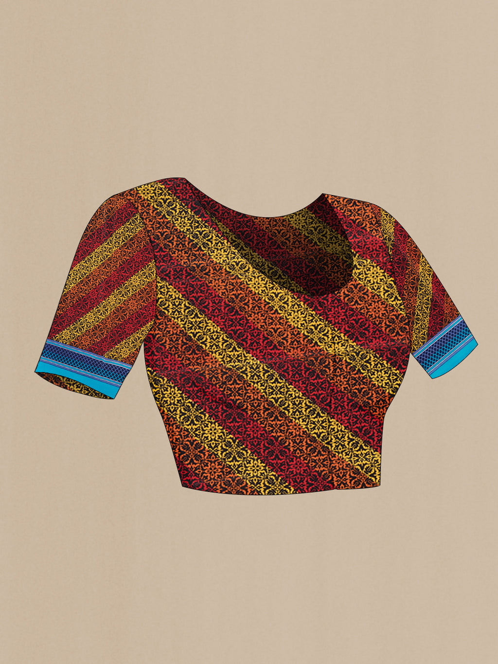 Close up image of the blouse of Multi Color Crepe Saree with Printed design on the body and Printed Border. 