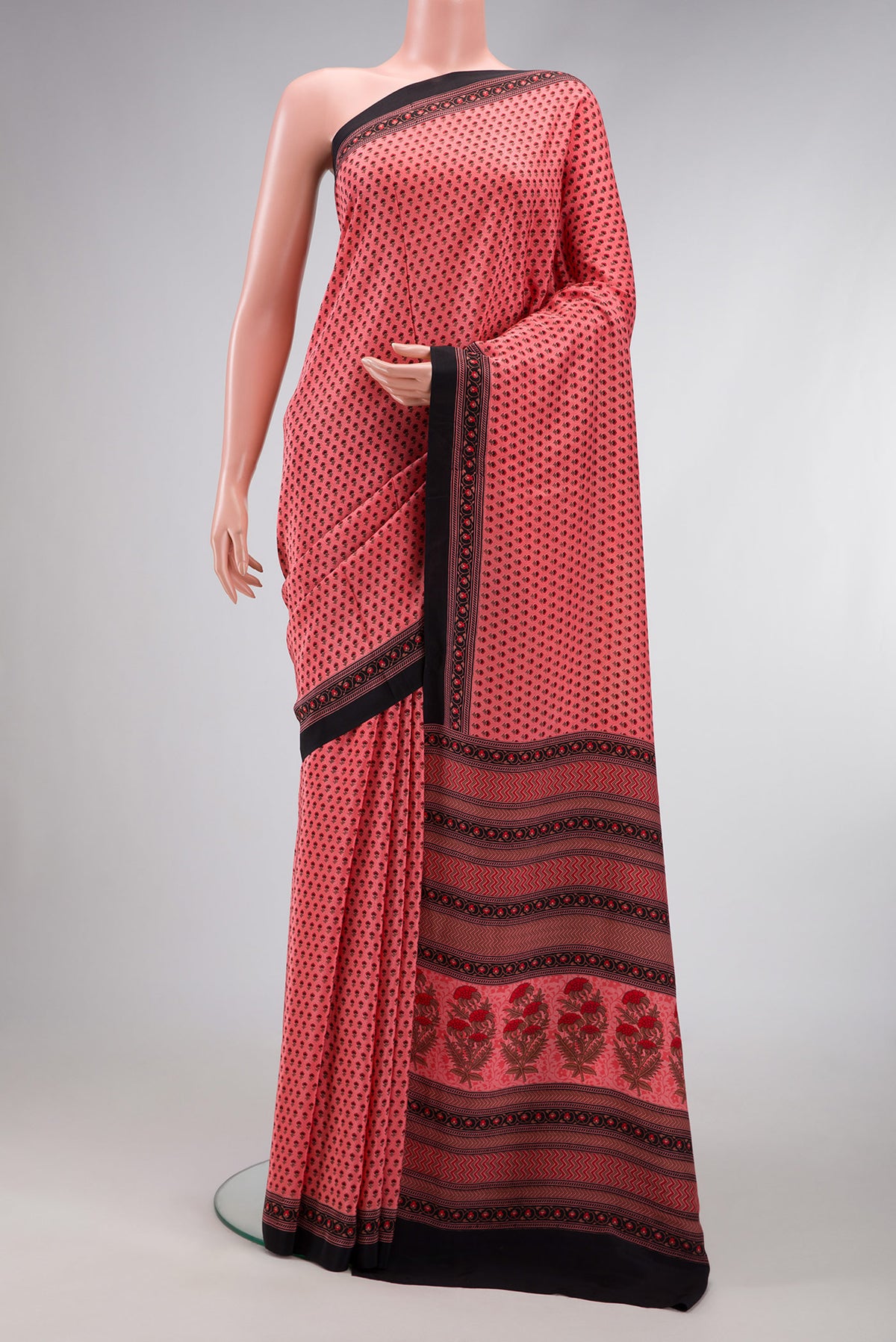 Pink Dual Tone Printed Silk Saree with Printed design on the body and Plain Border.  displayed on a mannequin