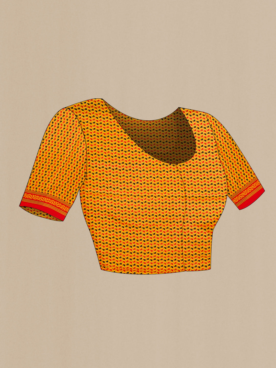 Close up image of the blouse of Yellow Dual Tone Mysore Crepe Saree with Printed design on the body and Printed Border. 