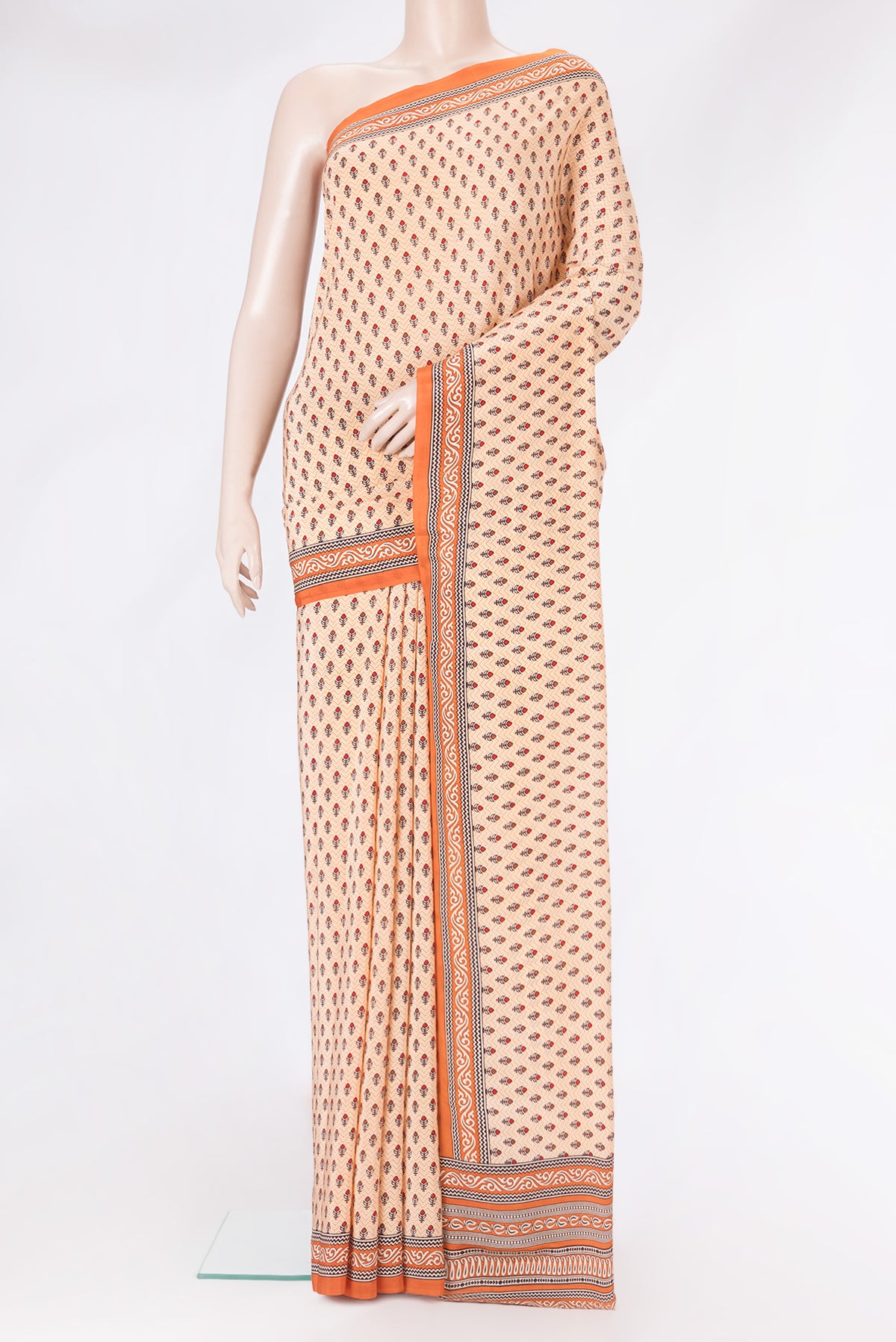 Sandal Dual Tone Crepe Saree with Printed design on the body and Printed Border.  displayed on a mannequin