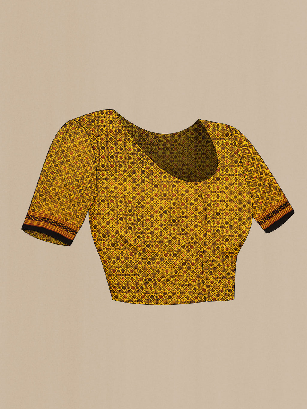 Close up image of the blouse of Mustard Dual Tone Printed Silk Saree with Printed design on the body and Plain Border. 