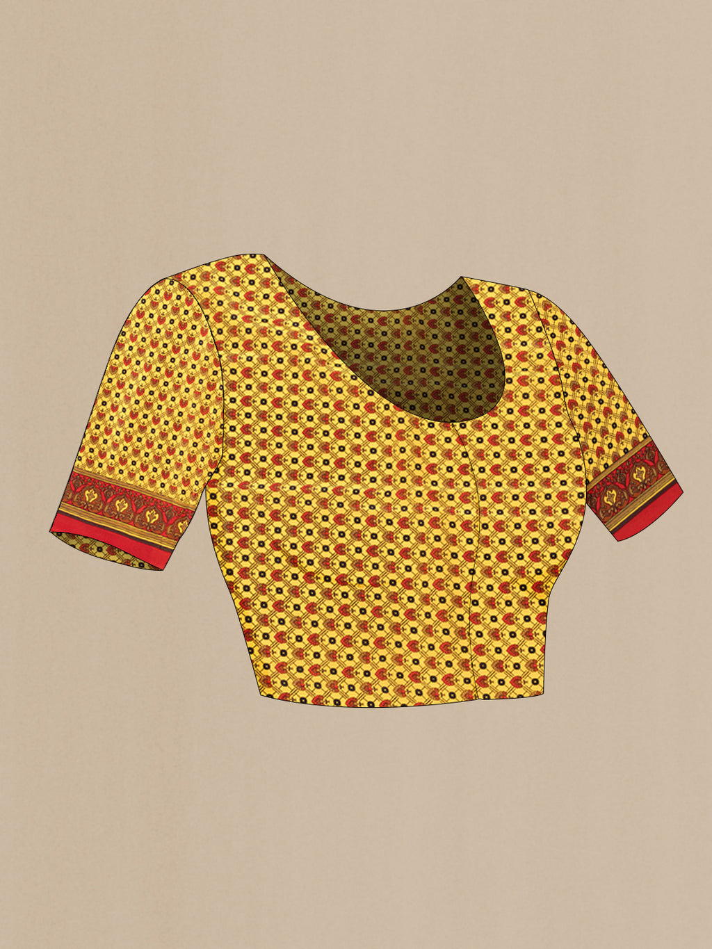Close up image of the blouse of Yellow Crepe Saree with Printed design on the body and Printed Border. 