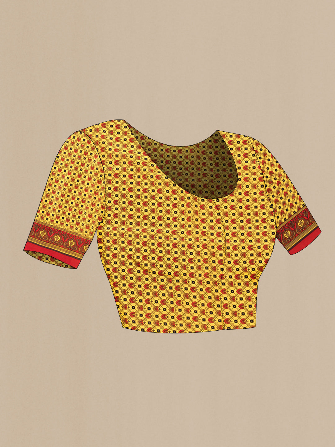 Close up image of the blouse of Yellow Crepe Saree with Printed design on the body and Printed Border. 