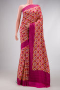 Sandal Dual Tone Mysore Crepe Saree with Printed design on the body and Printed Border.  displayed on a mannequin